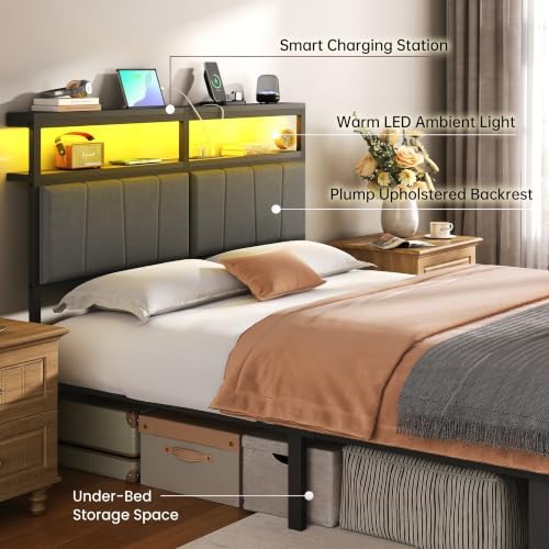 Full Bed Frame with Storage Drawers and Charging Station, Grey