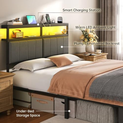 Full Bed Frame with Storage Drawers and Charging Station, Grey