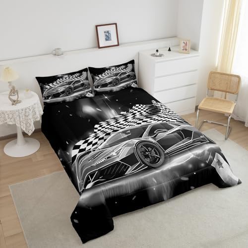 Feelyou Racing Car Comforter Set, Cool Speed Race Car Down Comforter King for Kids Boys Girls Teens Bedroom, Automobile Extreme Sport Bedding Set Plaid Checkered Duvet Sets with 2 Pillowcases,Grey