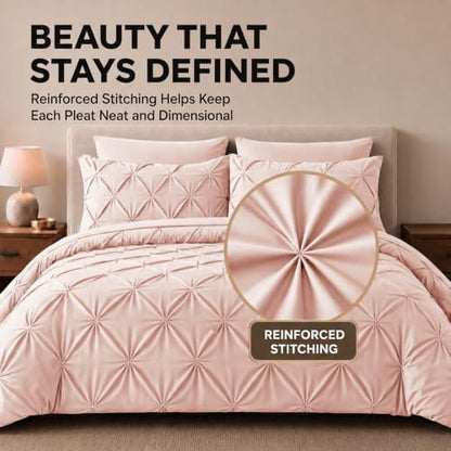 HIMEET King Size Comforter Set Peach Pink - 7 Pieces Pintuck Bed in a Bag