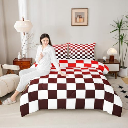 Feelyou Checkered Comforter Set King Size Modern Geometric Gradient Red Bedding Set for Kids Boys Girls Cute Neutral Plaid Duvet Quilt Vintage Aesthetic Bedroom Decor 3 Pcs with 2 Pillow Cases