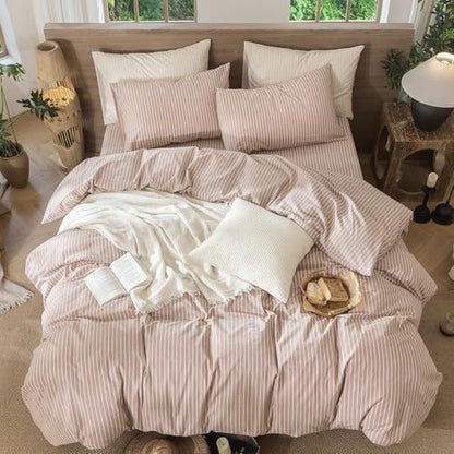 MooMee Striped Duvet Cover Set 100% Washed Cotton Linen Like Queen