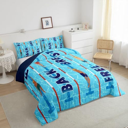 Homewish Swimming Bedding Sets Full Size,3D Blue Swimming Pool Comforter Set 3Pcs,Swimmer Quilted Duvet for Kids Girls Boys Teens Room Decor,Swim Sports Lover Down Comforter,2 Pillowcases