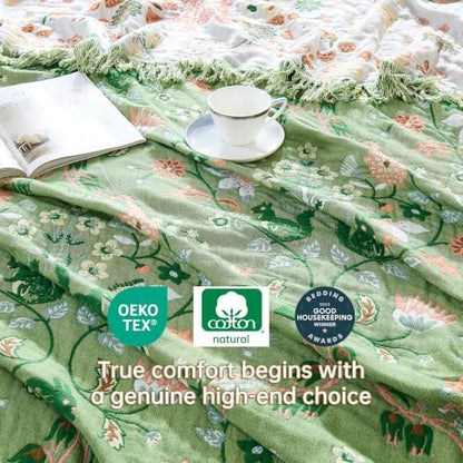 VANJOROY Boho Throw Blanket, 100% Organic Cotton Breathable Skin-Friendly Ultra Soft 50" x 60" Bed Quilt Green Throw - Floral Rustic Decor Luxury Reversible Blanket for Sofa Couch Chair and Gift,