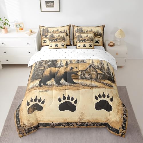 Erosebridal Bear Full Bedding Set 7 Piece Hunting Cabin Lodge Comforter Set for Kids Boys Girls Rustic Farmhouse Bed in a Bag Wild Bear Paw Quilt with Flat Fitted Sheet Country Jungle Decor