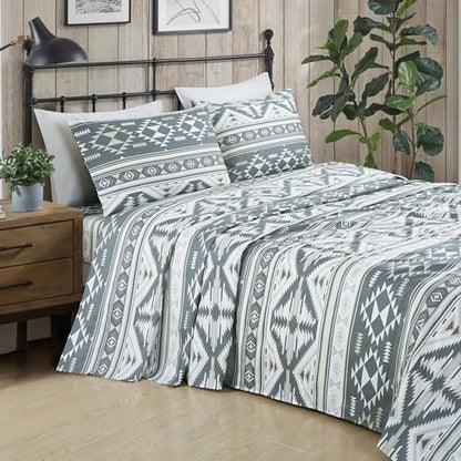 Chezmoi Collection 4-Piece Southwestern Geometric Motif Sheet Set California King Size - Multicolor Gray White Light Brown Printed Brushed Microfiber Lightweight Breathable Deep Pocket Bed Sheets
