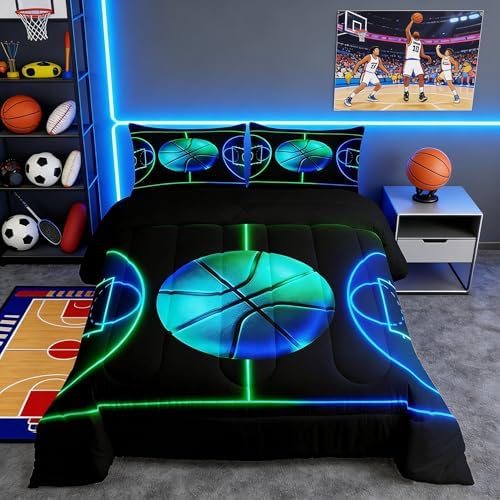 Basketball Comforter Set Twin,Sports Games Bedding Set 2Pcs for Kids Teens Boys Room Decor,Green Blue Neon Geometric Lines Basketball Court Pattern Duvet Insert with 1 Pillowcase, Black