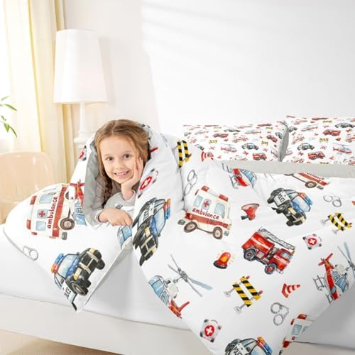 Feelyou Police Car Comforter Set King Size Red Fire Truck Bedding Set for Kids Boys Girls Airplane Duvet Quilt Bedroom Decor Microfiber 3 Pcs with 2 Pillow Cases