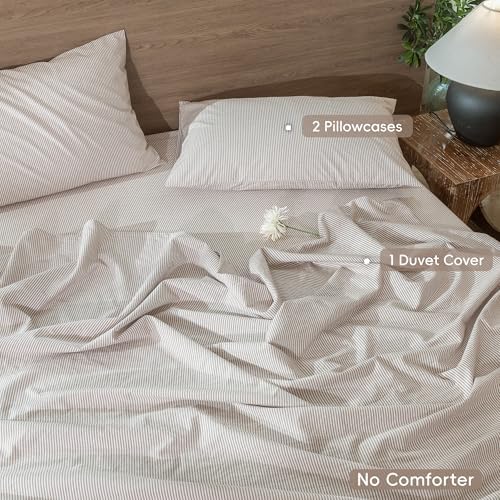 MooMee Striped Duvet Cover Set 100% Washed Cotton Linen Like Super Queen
