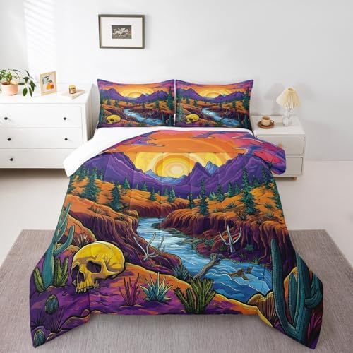 Purple Mountain Comforter Set Twin Size,Skull Bone Pine Tree Cactus Bedding Set for Kids Boys Girls Room Decor,Sun Mountain River Quilt Set 2Pcs,Vintage Abstract Art Duvet Insert,1 Pillowcase
