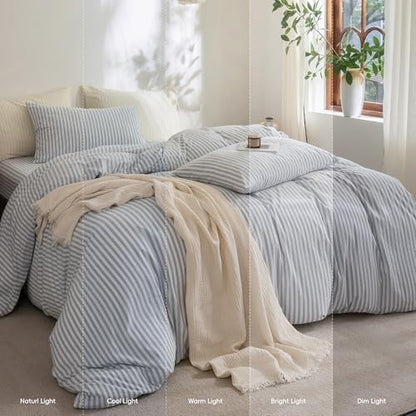 FOSSA Striped Duvet Cover Set Washed Cotton Linen Feel Oversized King Plus
