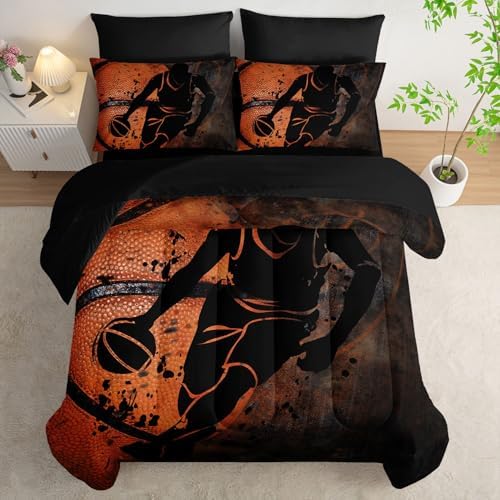 7pcs Sports Comforter Set Basketball Printed Bedding Set with 1 Comforter, 1 Flat Sheet, 1 Fitted Sheet and 4 Pillowcases for Boys and Girls Bedroom (Basketball-2 Full