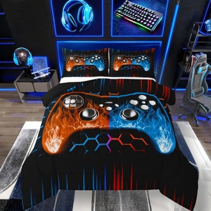 Honeycomb Gamer Kids Comforter Sets Boy Orange Blue Neon Lights Game Console Toddler Bedding Sets for Boys Ombre Art Geometric Hexagon Beehive Quilt Set Gaming Decor for Boys Bedroom Decor