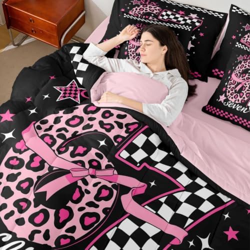 Erosebridal Pink Black Girly Fashion Queen Comforter Set 7 Piece for Girls 67 Bow Bedding Set Leopard Print Plaid Number Bed in A Bag Fashion Trendy Y2K Style Sheet Set with Comforter