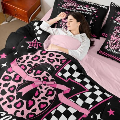 Erosebridal Pink Black Girly Fashion Queen Comforter Set 7 Piece for Girls 67 Bow Bedding Set Leopard Print Plaid Number Bed in A Bag Fashion Trendy Y2K Style Sheet Set with Comforter