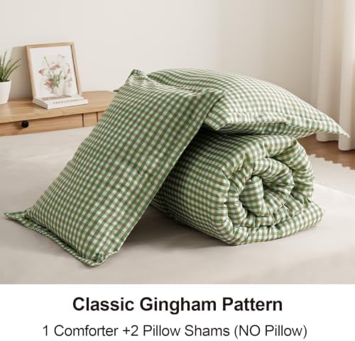 Twin XL Comforter Set, Fluffy Green Gingham Plaid Bedding, 3 Pieces