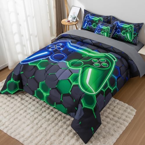 6Pcs Gamer Comforter Set with Sheets for Boys Girls Kids Teens, Colorful Gaming Themed Bed in A Bag Queen Size, Black 3D Video Game Controller Bedroom Decor Bedding Set