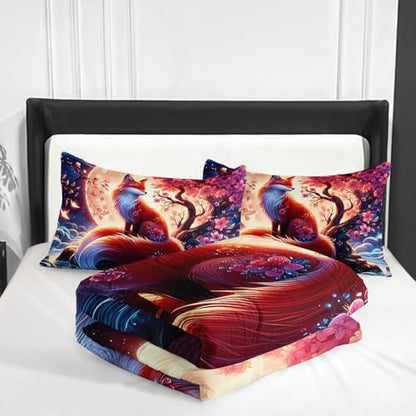 Nttopship Fox Comforter Bedding Set with 2 Pillowcase King Size Cartoon Fox Sakura Comforter Set for Kids Boys Girls Bedroom Decor