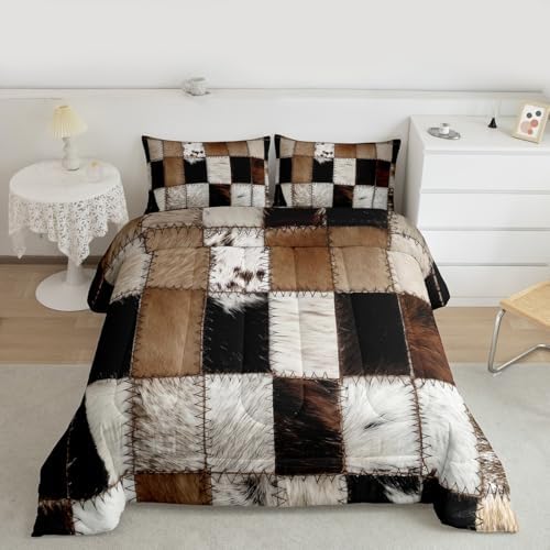 3D Cow Fur Print Comforter Set Cowhide Patchwork Plaid Bedding Set Western Farmhouse Animals Quilted Duvet 3pcs for Teens Girls Boys Men Room Decor Vintage Cowboy Style Bedspread Full Size