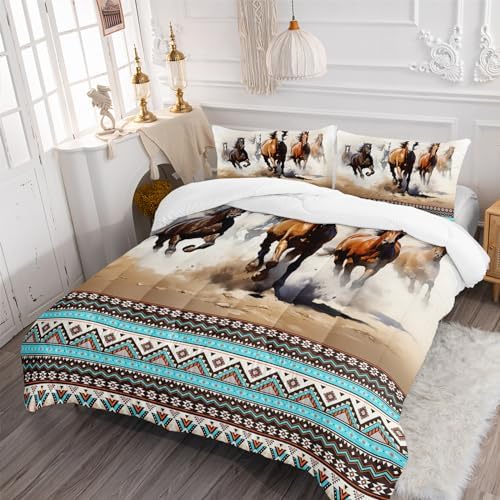 Nttopship Horse Western Comforter Set Full Size,100% Soft Ultra-Fine Fiber Four Season Farmhouse Wildlife Printed Comforter Set with 1 Comforter and 2 Pillow Case