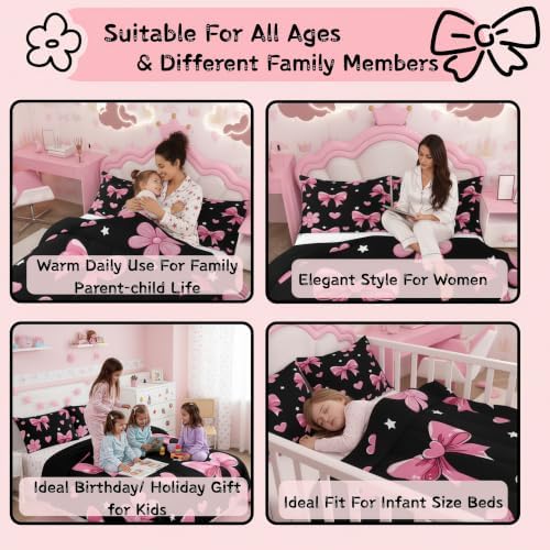jejeloiu Bowknot Comforter Set All Season Black Pink Bedding Set with 1 Pillow Cases Pink Bow Microfiber Kids Twin Bedclothes Colourful Bowknot Bedroom Decor Duvet Quilt Breathable