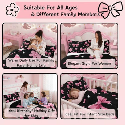 jejeloiu Bowknot Comforter Set All Season Black Pink Bedding Set with 1 Pillow Cases Pink Bow Microfiber Kids Twin Bedclothes Colourful Bowknot Bedroom Decor Duvet Quilt Breathable