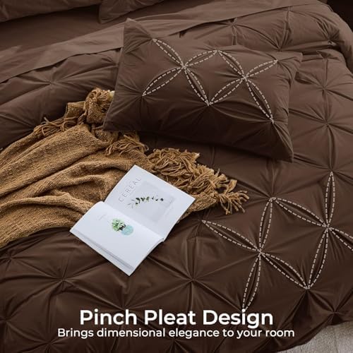 Sasttie Twin XL Comforter Set, 5-Piece Bed in a Bag, Pintuck Bedding Sets for All Season, Includes Comforter, Flat Sheet, Fitted Sheet, Pillowcase and Pillowsham, Dark Brown
