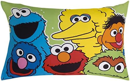 NoJo Sesame Street Come and Play Blue, Green, Red and Yellow, Elmo, Big Bird, Cookie Monster, Grover and Oscar The Grouch 2 Piece Toddler Sheet Set - Fitted Bottom Sheet and Reversible Pillowcase