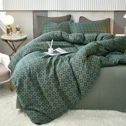 VM VOUGEMARKET Linen Cotton Duvet Cover Queen,3 Pcs Yarn-Dyed Textured Duvet Cover Set Green Flower Geometric Bedding Set,Ultra Soft and Breathable Comforter Cover Set