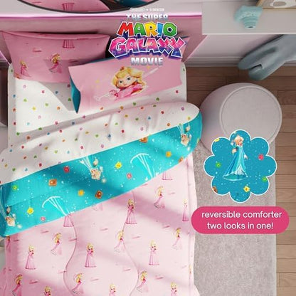 The Super Mario Galaxy Movie Bedding Set, Full Size 7 Piece Set Kids Super Soft Cozy Reversible Comforter and Sheet Set with Sham, Princess Peach (100% Officially Licensed Product) by Franco