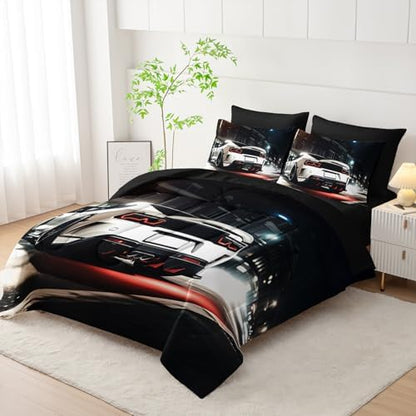 Nttopship King 7PCS White Racing Car Bedding Set, 7 Piece in A Bag, Bed Sheet Set, Microfiber Lightweight All Season