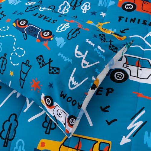 NTBED 5 Pieces Racing Cars Comforter Set Twin for Boys Kids Bed in a Bag Vehicles Transportation Lightweight Microfiber Bedding Sets,Blue