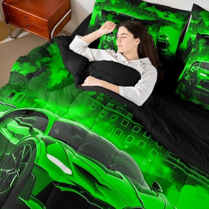 jejeloiu Kids Race Car Comforter Set with Sheets Queen Size Extreme Sport Games Bedding Set for Boys Girls Bedroom Decor Modern Green Bed in a Bag Soft Lightweight Microfiber
