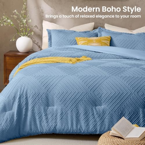 JOLLYVOGUE King Comforter Set, Boho Tufted 3-Piece Bedding Set, Dusty Blue