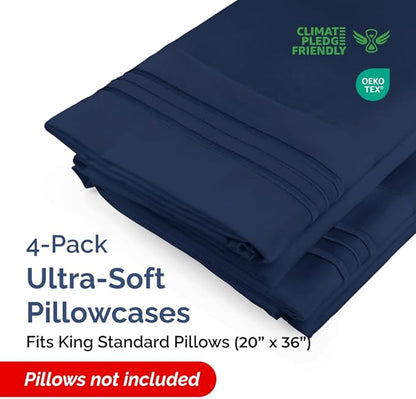 King Standard Pillow Cases Set of 4 - Soft Hotel Quality Pillowcase Covers - Comfy Bedding for Women, Men, Kids & Teens - Machine Washable Pillow Protectors - 4 Piece - King Standard Size Navy Blue