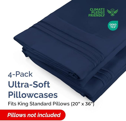 King Standard Pillow Cases Set of 4 - Soft Hotel Quality Pillowcase Covers - Comfy Bedding for Women, Men, Kids & Teens - Machine Washable Pillow Protectors - 4 Piece - King Standard Size Navy Blue