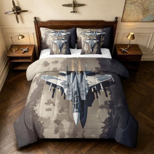 Erosebridal 7 Pcs Military Fighter Plane Comforter Set for Boys Queen Camouflage Aircraft Bedding Set for Kids Men Warplane Aviation Bed in A Bag with Sheets Airplane Bed Sets for Aviation Enthusiast