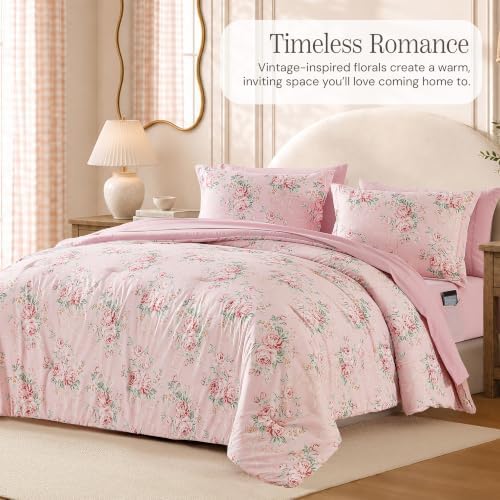BLOOMHAVEN Twin XL Comforter Set-5 Pieces Pink Floral Bed in a Bag