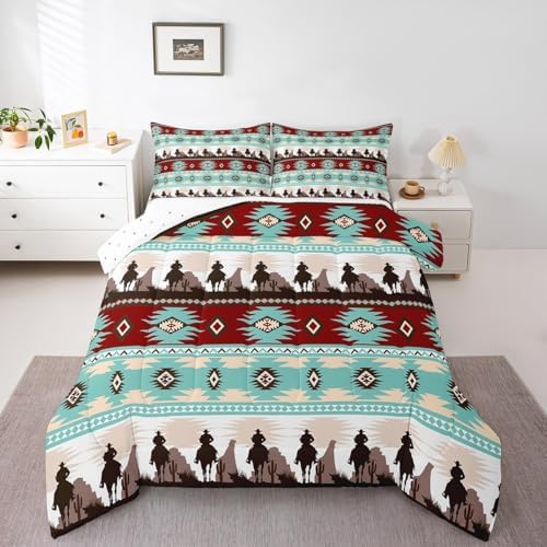 Feelyou Boho Comforter Set Queen Size Horses Comforter Southwestern Native Aztec Bedding Set Farmhouse Wildlife Duvet Set Room Decor Light Blue Quilt Set