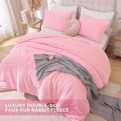 Smoofy Fluffy Full Size Comforter 3 PCS - Pink Fleece Bedding Set