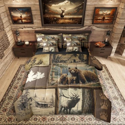 Erosebridal Grizzly Bear Deer Plaid 7 Piece Queen Comforter Set, Rustic Farmhouse Cabin Bedding Sets for Kids Boys Men,Country Maple Leaf Bed in a Bag with Sheets,Hunting Wildlife Theme Bed Set