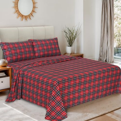 RUVANTI Flannel Sheets King Size, Red Plaid