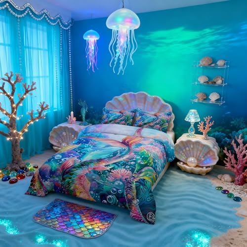 Mermaid Comforter Set King Size 3 Piece Colorful Mermaid Tail Pattern Bedding Set for Girls Kids Home Decor,Ocean Animal Reversible All Season Quilt Underwater World Theme Duvet with 2 Pillowcases