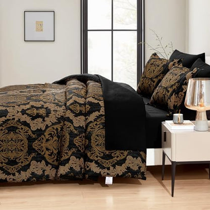WONGS BEDDING Black Comforter Set Queen Size, Gold Damask Texture 7 Pieces Bed in a Bag Microfiber Comforter Bedding Sets -1 Comforter, 1 Flat Sheet, 1 Fitted Sheet, 2 Pillow Shams, 2 Pillowcases