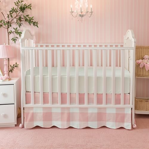 Brandream Scallop Edge Cotton Crib Skirt, Baby Boy Girl Gender Neutral Crib Skirt Toddler Bedskirt Farmhouse Chic Nursery Crib Bed Skirt, Boho Bohemian Light Pink Plaid Gingham