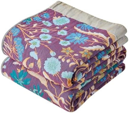 VANJOROY Boho Throw Blanket, 100% Organic Cotton Breathable Skin-Friendly Ultra Soft 80" x 90" Bed Quilt Blue Throw - Floral Rustic Luxury Reversible Blanket for Sofa Couch Chair and Gift,