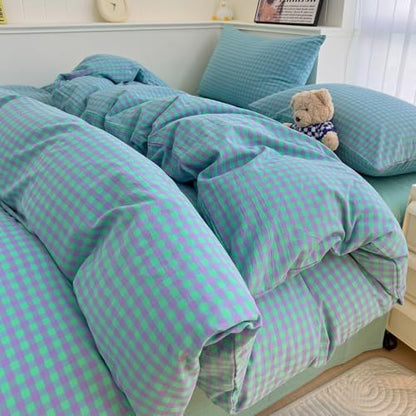 LifeTB Green Gingham Comforter Set Full Modern Style Green Purple Plaid Comforter Set Fluffy Soft Farmhouse Gingham Bedding Comforter 3 Pieces Grid Checkered Pattern Comforter with 2 Pillowcases