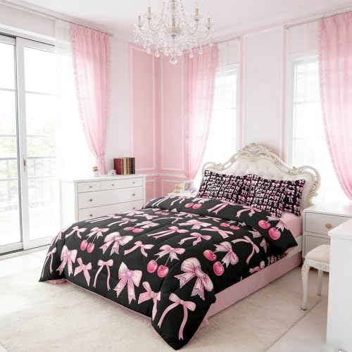 Pink Cherry Bow Comforter Set 7 Piece Bed in a Bag Twin, Cute Silk Ribbon Bowknot Bedding Sets Princess Bow Tie Comforter and Sheet Set, Dreamy Kawaii Room Decor,Girly Hot Pink and Black Room Decor