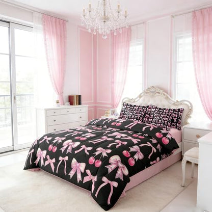 Pink Cherry Bow Comforter Set 7 Piece Bed in a Bag Twin, Cute Silk Ribbon Bowknot Bedding Sets Princess Bow Tie Comforter and Sheet Set, Dreamy Kawaii Room Decor,Girly Hot Pink and Black Room Decor