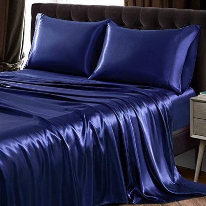 SiinvdaBZX 4Pcs Satin Sheet Set King Size 15-Inch Deep Pocket, Navy Blue
